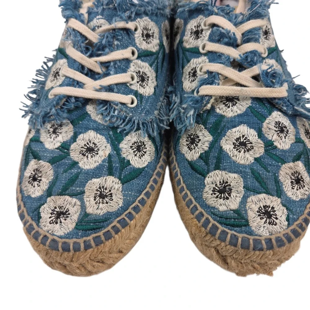 Made in Spain Espadrille Platform Sneakers Blue Floral Embroidered Frayed 7.5/38